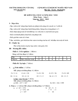 Đề kiểm tra chất lượng đầu năm môn: Toán – lớp 3 năm học 2014 – 2015