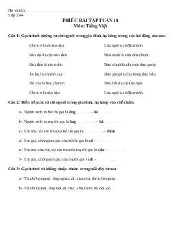 Phiếu bài tập tuần 10 môn: Tiếng Việt lớp 2