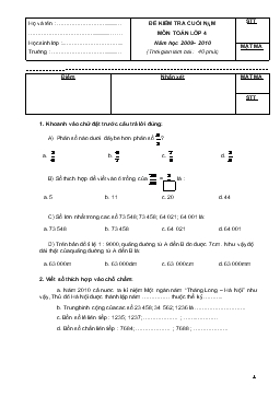 Đề kiểm tra cuối năm môn Toán lớp 4 năm học 2009 - 2010