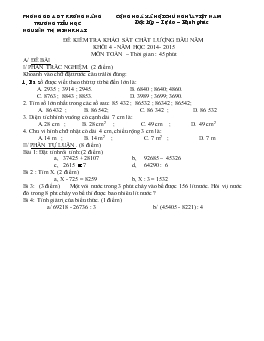Đề kiểm tra khảo sát chất lượng đầu năm khối 4 năm học 2014 - 2015 môn Toán