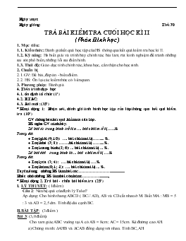 Giáo án Hình học 8 Tiết 70- Trả bài kiểm tra cuối học kì ii