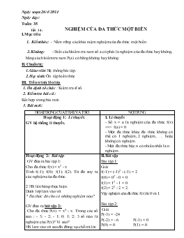 Giáo án Tự chọn lớp 7- Tiết 34: nghiệm của đa thức một biến