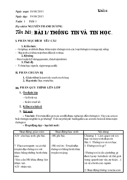 Giáo án Tin học Khối 6 - Tiết 1, Bài 1: Thông tin và tin học - Nguyễn Thanh Dương