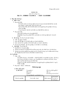 Giáo án Hóa học 10 nâng cao - Bài 31: Hiđro Clorua - Axit Clohiđric