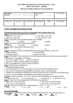 Đề kiểm tra học kỳ I (năm học 2010 – 2011) môn: Hóa học - Khối 9
