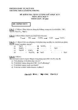 Đề kiểm tra chất lượng giữa học kỳ 1 môn : hóa học 9 thời gian : 45 phút