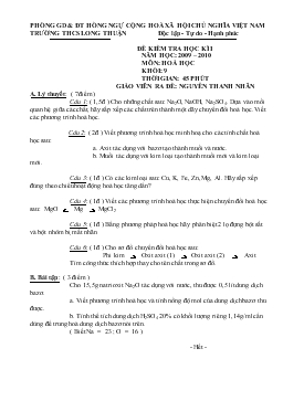 Đề kiểm tra học kì I năm học: 2009 – 2010 môn: hoá học khối: 9 thời gian: 45 phút