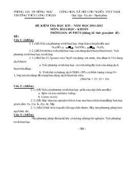 Đề kiểm tra học kì I – năm học 2011-2012 môn: hoá học - khối 9 thời gian: 45 phút (không kể thời gian phát đề)