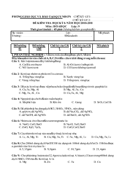 Đề kiểm tra học kỳ I - Năm học 2010-2011 môn : hóa học lớp : 9 thời gian làm bài : 45 phút ( không kể thời gian phát đề)