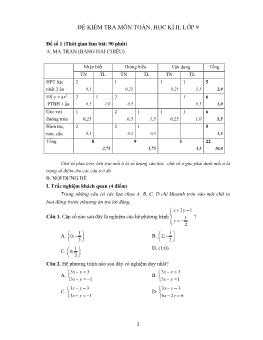 Đề kiểm tra môn toán, học kì II, lớp 9 đề số 1