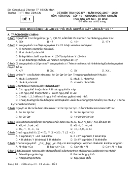 Đề kiểm tra học kỳ I –năm học: 2007 – 2008 môn hóa học – lớp 10 – chương trình chuẩn