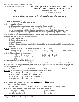 Đề kiểm tra học kỳ I –năm học: 2007 – 2008 môn hóa học – lớp 11 nâng cao