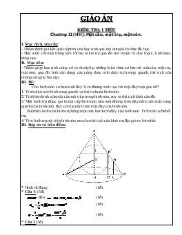 Bài giảng Kiểm tra 1 tiết chương II (hình học): Mặt cầu, mặt trụ, mặt nón