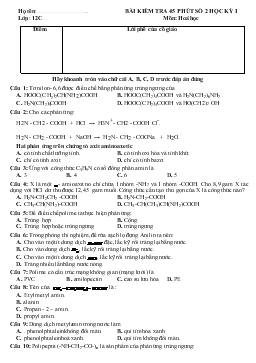 Bài kiểm tra 45 phút số 2 học kỳ I môn: hoá học