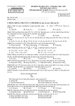 Đề kiểm tra học kỳ I – năm học 2008 - 2009 môn hóa học lớp 12 thời gian làm bài: 60 phút