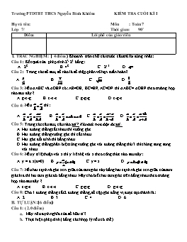 Kiểm tra cuối kì I môn: Toán 7
