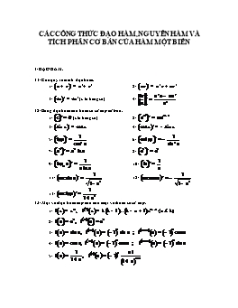 Các công thức đạo hàm, nguyên hàm và tích phân cơ bản của hàm một biến