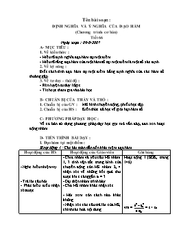 Giáo án Đại số CB lớp 11 tiết 66: Định nghĩa và ý nghĩa của đạo hàm