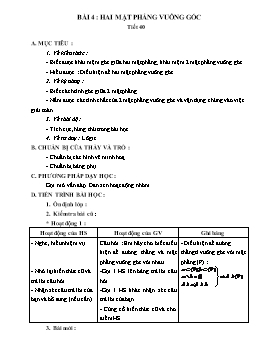 Giáo án Hình học lớp 11 tiết 40: Hai mặt phẳng vuông góc