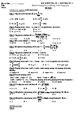 Bài Kiểm tra số 1 Môn Đại số 11: Hàm số lượng giác và phương trình lượng giác