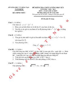 Đề kiểm tra chất lượng học kì I môn: Toán lớp 12 thpt