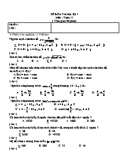 Đề kiểm tra học kì I môn: Toán - Khối 11 (Đề 14)