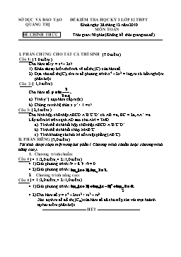 Đề kiểm tra học kỳ I lớp 12 THPT Môn Toán