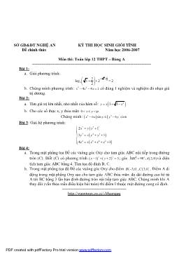 Đề thi học sinh giỏi tỉnh Nghệ An năm học 2006-2007 môn thi: Toán lớp 12 THPT – Bảng A