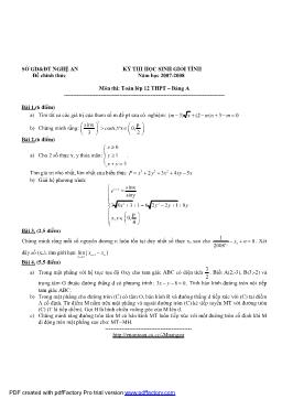 Đề thi học sinh giỏi tỉnh Nghệ An năm học 2007-2008 môn thi: Toán lớp 12 THPT – Bảng A